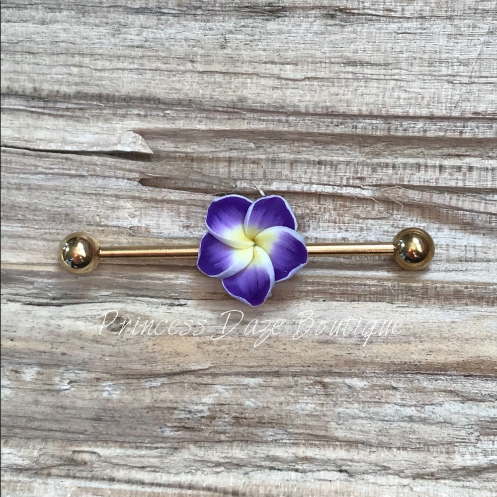 Purple Hawaiian Flower‎ Gold Industrial Barbell Earring
